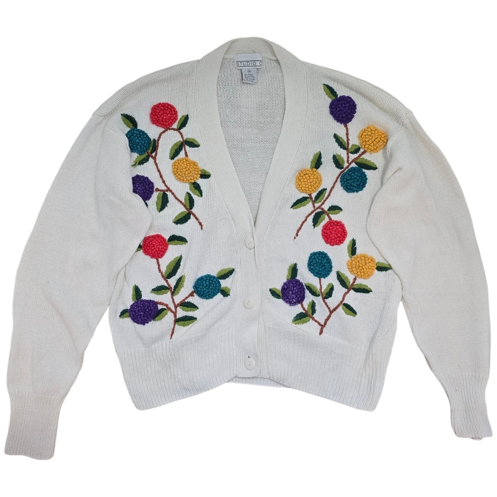 Vintage Floral Embroidered Cardigan Sweater Size Medium Knit Grandma Cottagecore